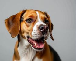 Happy Beagle Dog with Playful Expression Against Neutral Background photo