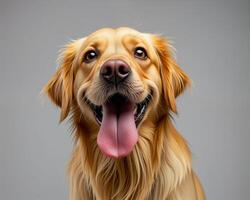 Happy Golden Retriever with Tongue Out on Neutral Background photo