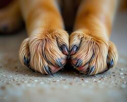 Close-Up of Fluffy Dog Paws with Soft Fur and Sharp Claws photo
