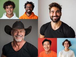 Carefree multiracial people, man and woman, showing happy smiles. Collection mosaic close portraits over colorful studio background, creative image, square photo