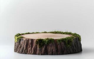 minimalistic podium made from a tree stump and moss on a white background photo
