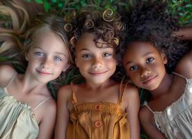 Kids, diversity and happiness of group enjoying summer holiday at park or garden, bonding or relaxing together. Concept of friendship, happiness, lifestyle, adoption photo