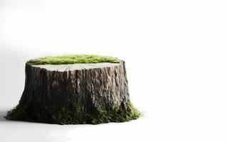 a minimalistic podium made from a tree stump and moss on a white background. A studio shot on a light gray background with soft lighting. Product display for organic eco cosmetic photo