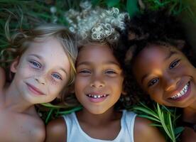 Closeup photo from above of three multiethnic children smiling and lying on the grass. Kids, diversity and happiness of group enjoying summer holiday at park or garden, bonding or relaxing together