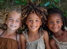 Kids, diversity and happiness of group enjoying summer holiday at park or garden, bonding or relaxing together photo