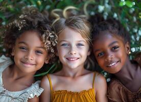 Kids, diversity and happiness of group enjoying summer holiday at park or garden, bonding or relaxing together. Concept of friendship, happiness, lifestyle photo