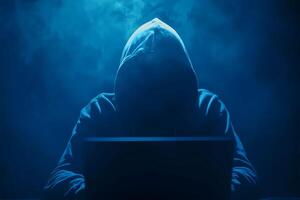 Abstract digital hacker man with a laptop. Male criminal, hoodie and ready for coding, cyber-attack and programming photo