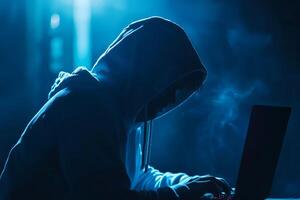 Cyber hacker attack concept. Abstract digital hacker man with a laptop. Male criminal, hoodie and ready for coding, cyber-attack and programming for malware with tech, scam and data photo