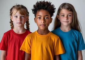 three children wearing colorful shirts standing in front of a gray background photo