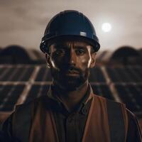 A man in a hard hat and vest standing in front of solar panels photo