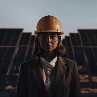 A woman in a hard hat and glasses standing in front of solar panels photo