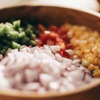 A wooden bowl filled with chopped vegetables photo