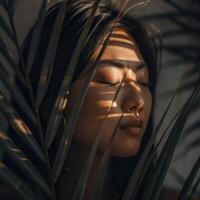 A woman is looking at the sun through leaves photo