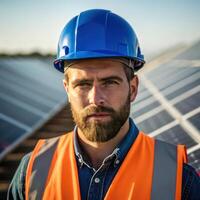 A man with a beard and a hard hat standing in front of solar panels photo