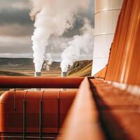 A view of a power plant with smoke coming out of it photo