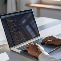A person typing on a laptop with code on it photo