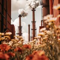 A factory with smoke stacks and flowers in front of it photo