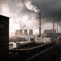 A factory with smoke stacks and chimneys photo
