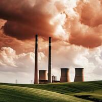 A coal power plant with smoke stacks and clouds photo