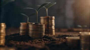 Gold coins and plants growing on the ground photo