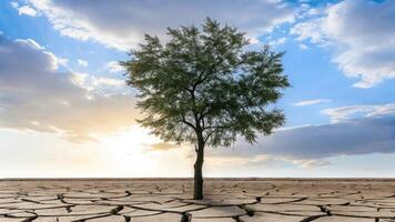 A tree stands alone in a dry field photo
