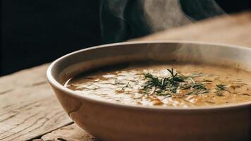 A bowl of soup with herbs and spices photo