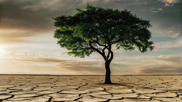 A tree is standing in a dry field with cracked earth photo