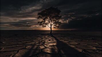 A lone tree in the middle of a dry field photo
