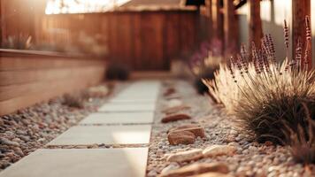 A walkway with rocks and plants in a garden photo