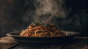 Spaghetti with tomato sauce in a black bowl on a wooden table photo