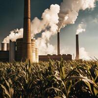 A factory with smoke stacks and corn in the foreground photo