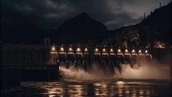 A large dam with water flowing over it at night photo