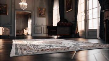 A rug is sitting on the floor in a room photo
