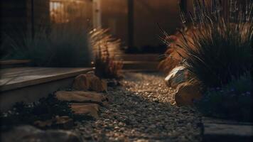 A pathway with rocks and plants in the sun photo