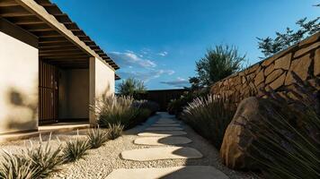 A stone pathway leads to a house with a stone wall photo