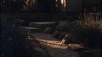 A path with rocks and plants in the sunlight photo