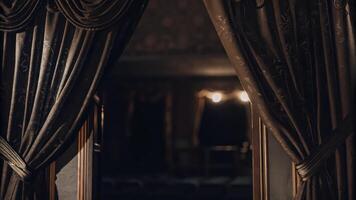 A curtain is open in front of a dark room photo