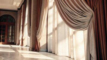 A long hallway with curtains and a door photo