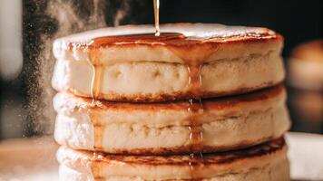 A stack of pancakes with syrup being poured on top photo