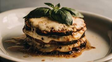 A stack of eggplant and cheese on a plate photo
