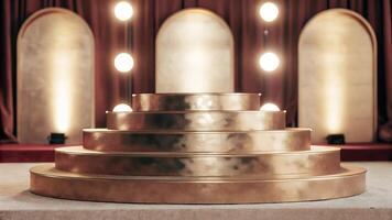 A large gold stage with lights and a podium photo