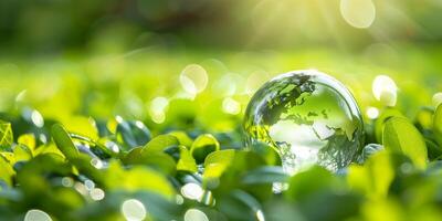Globe resting on vibrant green leaves, symbolizing sustainability, environmental care, and global responsibility for nature and ecological balance photo