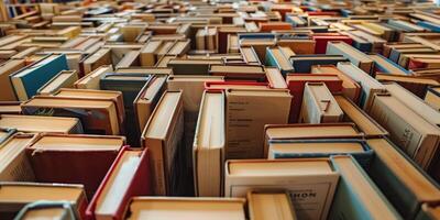 Stacked books in a crowded arrangement, showcasing their spines and covers in various colors and sizes, representing a rich collection of knowledge and literature photo