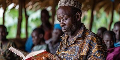 An elder man in traditional attire reading a book in a community setting, surrounded by people in the background, symbolizing knowledge sharing and cultural education photo