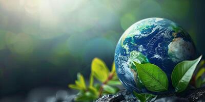 Earth resting on a rocky surface surrounded by green leaves, symbolizing environmental sustainability, ecological care, and the harmony between nature and the planet photo