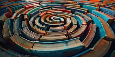Books arranged in a colorful spiral pattern, creating an artistic maze-like structure symbolizing endless knowledge, learning, and creativity photo