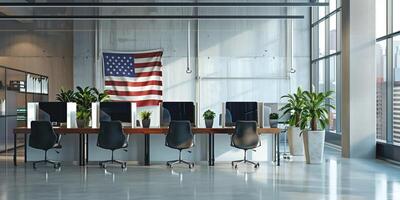Modern office space with desks, chairs, plants, and an American flag on the wall, symbolizing professionalism, patriotism, and a collaborative work environment photo