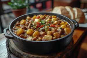 a platter of Hungarian goulash served in a cast-iron pot, accompanied by paprika and bread photo