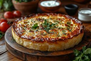 a platter of Bulgarian banitsa, golden and flaky, surrounded by yogurt and fresh herbs, set on a rustic table photo