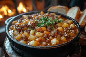 a platter of Hungarian goulash served in a cast-iron pot, accompanied by paprika and fresh bread photo